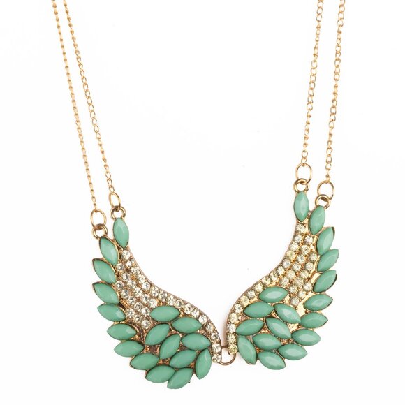 Angel Wing Statement Necklace Turquoise & Crystal Rhinestones on Gold Chain NWOT - Picture 2 of 10